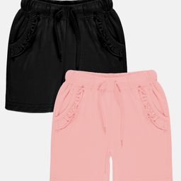 Kiddopanti Pack Of 2  Frill Detailed Pocket Hot Shorts -   Black & Baby Pink-image-0