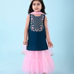 Babyhug Woven Sleeveless Floral Embroidered Kurti & Sharara Set with Dupatta - Teal & Pink-image-27