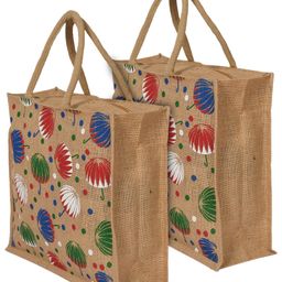 Kuber Industries Shopping BagJute Eco-Friendly & Reusable Grocery BagHand Bag Umbrella Print With Zip & Handle for Daily Use16x15 InchPack of 2,Brown,-3
