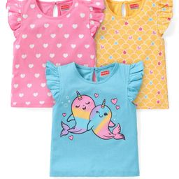 Babyhug Cotton A-Line Half Sleeves Tops With Hearts Graphics Pack of 3 - Light Blue Pink & Yellow-image-25