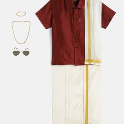 THANGAMAGAN Viscose Half Sleeves Solid Shirt With Mundu & Angavastram With Freebies Set - Maroon-image-130