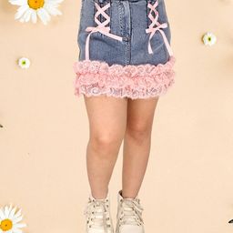 Cutecumber Floral Lace Embellished A Line Denim Skirt - Blue-image-77