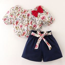 CrayonFlakes Rayon Half Sleeves Floral Crop Top With Belted Shorts Set - Grey-image-47
