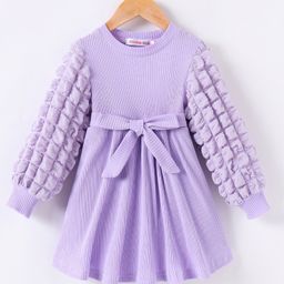 Kookie Kids Solid Party Dress with Bishop Sleeves & Bow Applique - Lavender-image-23