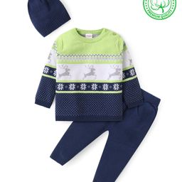 Babyhug Knitted Full Sleeves Intarsia & Deer Designed Pullover Sweater Set with Cap - Navy Blue Green & White-image-83
