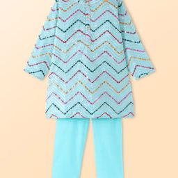 Babyhug Woven Full Sleeves Mirror Embroidered Kurta Pyjama Set with Sequins - Aqua-image-55
