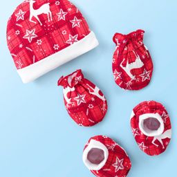 Babyhug 100% Cotton Knit Cap Mittens & Booties with Deer Print - Red-image-24