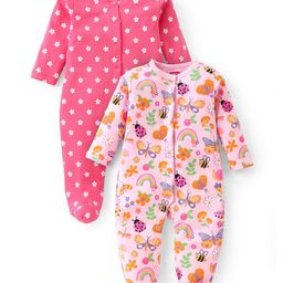 Babyhug Cotton Knit Full Sleeves Sleep Suits With Floral & Butterfly Print Pack Of 2 - Pink & Light Pink-image-41