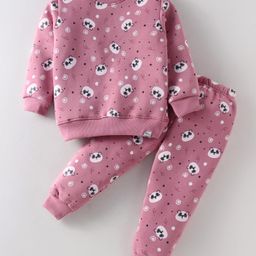 Teddy Fleece Full Sleeves Winter Wear Night Suit With Panda Theme Print - Pink-image-43