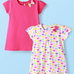 Babyhug Single Jersey Knit Half Sleeves Dresses With Heart Print & Bow Applique Pack of 2 - Dark Pink & White-picture-33
