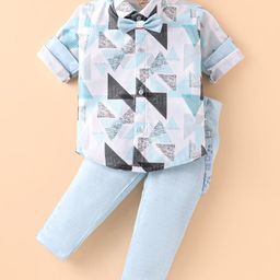 Rikidoos Full Sleeves Abstract Printed Shirt With Pant Suspender & Bow Set - Sky Blue-image-27