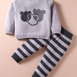 ToffyHouse Knit Full Sleeves Winter Wear T-Shirt & Striped Lounge Pant Set With Animal Print - Light Grey-image-31