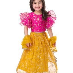 Babyhug Woven Flutter Sleeves Floral Net Embroidered Choli Lehenga & Dupatta Set - Yellow & Pink-image-74