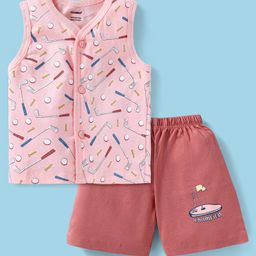 CUCUMBER Sinker Knit Sleeveless Night Suit With Golf Print - Pink & Maroon-image-34