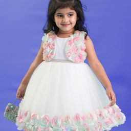 Babyhug Woven Sleeveless Party Dress With Floral 3D Applique & Glitter Print - White-picture-25