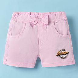 Olio Kids Cotton Knit Above Knee Length Shorts with Text Print & Bow Applique - Pink-image-78