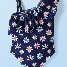 Babyhug One Shoulder Frill Sleeves Water Repellent V Cut Swimsuit with Floral Print - Navy Blue-image-93