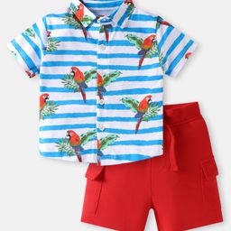 Babyhug Single Jersey Knit Half Sleeves Shirt & Shorts Set with Stripes & Bird Print - Blue & Red-image-54