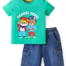 Babyhug Single Jersey Knit Half Sleeves T-Shirt & Denim Shorts Set With Animal Print - Sea Green-image-99
