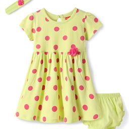 Babyhug Single Jersey Knit Half Sleeves Polka Dot Printed Frock With Floral Applique Bloomer & Headband - Yellow-picture-14
