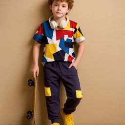 OLLINGTON ST. Cotton Printed T-Shirt & Joggers Set - Multicolor & Purple-image-9
