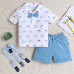 BUMZEE Interlock Kit Half Sleeves Paper Boat Printed T-Shirt & Shorts Set with Bow & Suspended - Light Blue & White-image-39