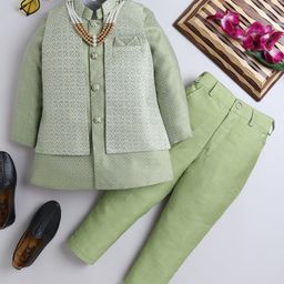 Ahhaaaa Brocade Full Sleeves Solid Kurta Pyjama With Sequin Embellished & Embroidered Jacket & Maala Set - Green-3