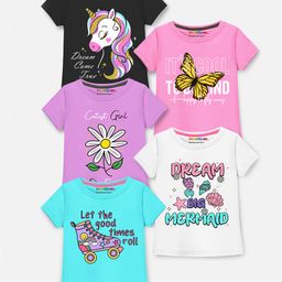 Trampoline Cotton Blend Pack Of 5 Half Sleeves Butterfly & Unicorn Printed Tee - Multi Colour-image-8