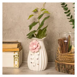 Voncasa Off White Ceramic Vase - Engraved Floral Pattern, Flower Holder-picture-31