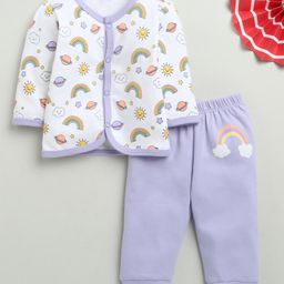 BUMZEE Cotton Full Sleeves Rainbow & Sun Printed Jhabla & Joggers Set - White & Lavender-image-13