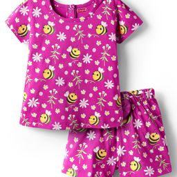 Babyhug Cotton Knit Half Sleeves Shorts Co-ord Night Suit With Bee & Floral Print - Dark Pink-image-63