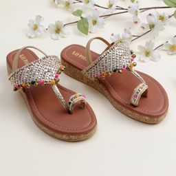 LIL PITAARA Beads & Pom Pom Embellished Glittered Kolhapuri Sandals - Tan-image-32