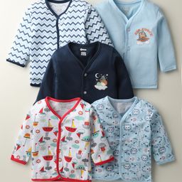 OHMS Single Jersey Knit Front Open Full Sleeves Striped Jhablas with Animal & Nautical Theme Print Pack of 5 - Multicolor-image-82