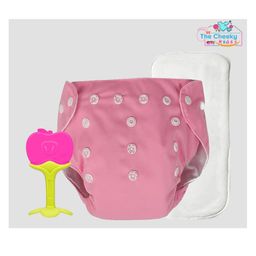 The Cheeky Kidzz Baby Pocket Style Button Reusable Cloth Diaper With Bamboo Microfiber Insert With Soft Silicone Teether Shower Gift (PINK)-82