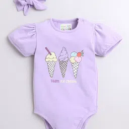 Polka Tots Cotton Knit Half Puffed Sleeves Ice Cream Printed Onesie With Headband Set - Purple-picture-16