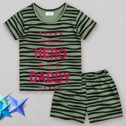 Sheer Love Lycra Knit Half Sleeves Striped & Typography Printed Coordinating Night Suit Set - Green-image-65