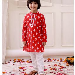 KID1 Cotton Woven Full Sleeves Floral Printed & Threadwork Embroidered Kurta Pyjama Set - Red-image-5