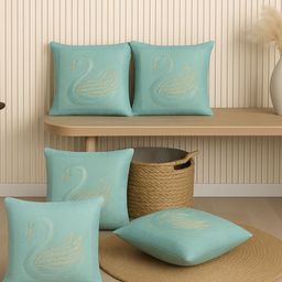 MFD HOME FURNISHING Turquoise Blue Set of 5 Embroidered Square Cushion Covers-picture-20