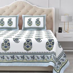 BELLA CASA Blue & White 180 TC King Bedsheet with 2 Pillow Covers-image-14