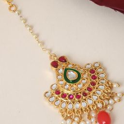 flying beads Women Gold-Plated Ethnic Brass Kundan Studded Maang Tikka Head Jewellery-image-61