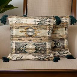 Aura Beige & Grey 2 Pieces Geometric Woven Design Square Shaped Cushion Covers-7