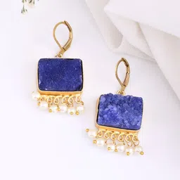 DASTOOR Gold Plated Artificial Stones & Beads Studded Square Drop Earrings-1