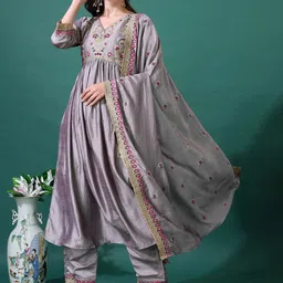 KALINI Floral Yoke Design V-Neck Anarkali Thread Work Kurta With Palazzos And Dupatta-image-48