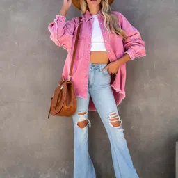 KPOP Women Spread Collar Solid Casual Denim Jacket-image-12
