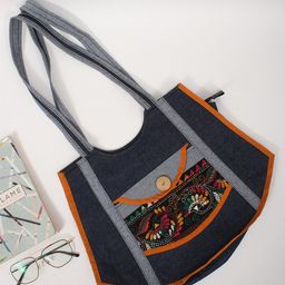 Exotic India Floral Embroidered Patchwork Structured Denim Tote Bag-picture-20