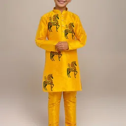 DEVOILER Boys Conversational Printed Mandarin Collar Dupion Silk Straight Kurta image 1