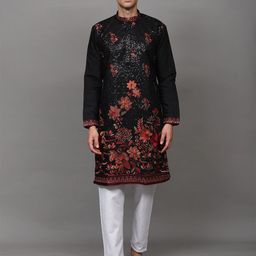 Exotic India Men Sequins Embroidered Wedding Kurta Pajama with Thread work Flowers-12