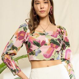 Berrylush Women Print Sweetheart Neck Puff Sleeve Crop Top-image-42