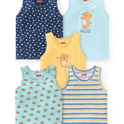 Babyhug 100 % Cotton Sando Vests Stars & Bear Print Pack of 5- Blue & Orange-image-19