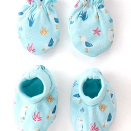 Babyhug 100% Cotton Knit Bird Print Mittens and Booties - Blue-image-83